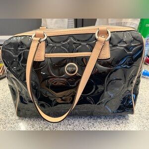 Coach Black Patent Tote with Tan Leather Trim